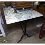 A green veined and white rectangular marble-top garden table, on wrought-iron base, W100cm