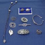 A box containing silver cufflinks, by N E From, 4 Scandinavian silver brooches, a silver bangle etc