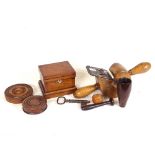 A small mahogany puzzle jewel box, 2-handled 1 and 1/4" rebate woodworking plane, 19th century key