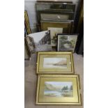 A pair of watercolours, mountain lakes, gilt-framed, 12cm x 26cm, unframed oil on canvas, and 9