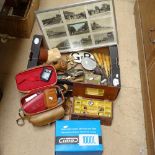 A large Ausonia kitchen knife, a Vintage camera tripod, chisels, framed local postcards, camera