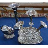 A silver plated nautilus shell-design spoon warmer, and 2 plated table epergnes