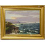 Oil on canvas, harbour scene with boat, 34cm x 50cm, gilt-framed