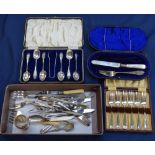 Cased embossed teaspoon and sugar nips, a cased set of plated cake forks, a box of miscellaneous