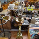 Oil lamp with onyx column and plinth, glass font and chimney, height 84cm overall