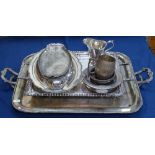 Rectangular silver plated serving trays, entree dish, cream jug etc