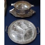 A 2-handled silver plated asparagus dish, a Mappin & Webb 2-handled fruit bowl, and an hors d'