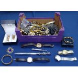 Mixed box of various costume jewellery, wristwatches etc