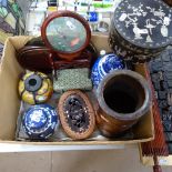 Various Oriental collectables, including large bamboo brush pot, blue and white ginger jar, mother-