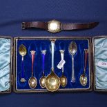 6 various silver and coloured enamel teaspoons, and a larger preserve spoon with crown finial