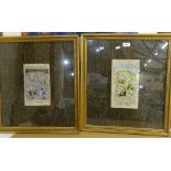 2 Indian/Mughal watercolours on linen, battle scenes with text inscriptions, 11" x 6", framed