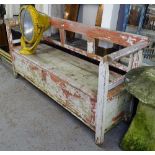 An Antique weathered and painted pine Continental settle, L199cm