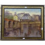 Oil painting, Continental riverside town, 34cm x 44cm, indistinctly signed, dated '65