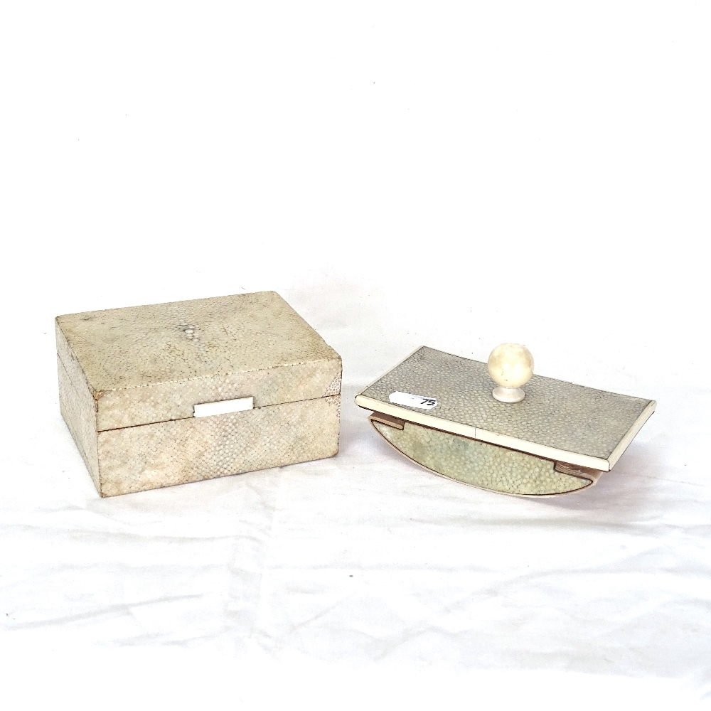 An Art Deco shagreen and ivory covered cigarette box, and a similar shagreen desk blotter, box