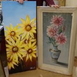Unframed acrylics on canvas, sunflowers, indistinctly signed, height 118cm x 48cm, and a study of