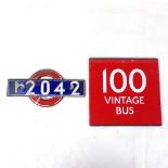 2 London Transport enamel signs, including Vintage bus plate, length 13cm