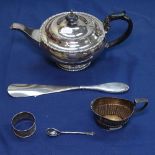 A single silver napkin ring, a silver-handled shoe horn, a Walker & Hall plated teapot etc