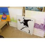 2 large unframed canvases, skylines, 99cm x 80cm, and 2 smaller canvases