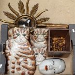 Carved and painted wood cat sculptures, rosewood chess pieces, mirror etc