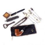 Various collectables, including Tunbridge Ware stamp box, sterling silver-mounted Peterson's pipe,