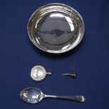 A modern .925 silver dish and spoon, a miniature silver funnel, and scent bottle