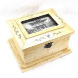 A modern Chinese carved and engraved bone panel casket, with inset postcard panel lid, length 27cm