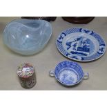 A Chinese blue and white plate with 6 character mark, 22.5cm, a Canton pot, and an English bowl