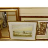 A gilt-framed mirror, height 81cm, Veronica Barge, artist's proof, and Peter Standen, wild fowl