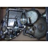 A box of mixed silver plated ware, to include serving tray, cutlery etc