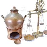 A Middle Eastern copper and brass 2-handled urn with burner stand and ladle, urn height 30cm