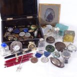 Various collectables, including Parker 17 fountain pen, silver-topped jars, Zenith alarm clock,