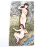 An Indian miniature watercolour on ivory, 2 naked bathers, 10cm x 5.5cm
