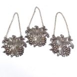 A set of 3 silver plated decanter labels, relief leaf and grapevine decoration, including Sherry,