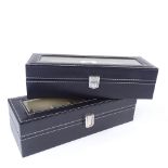 2 black leather 6-section watch boxes, with glass viewing lid, length 30.5cm (2)