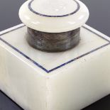 A white agate and lapis-banded inkwell with silver collar, width 7.5cm
