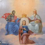 A Russian painted wood icon, 18th or 19th century, depicting the Holy Trinity with Cyrillic