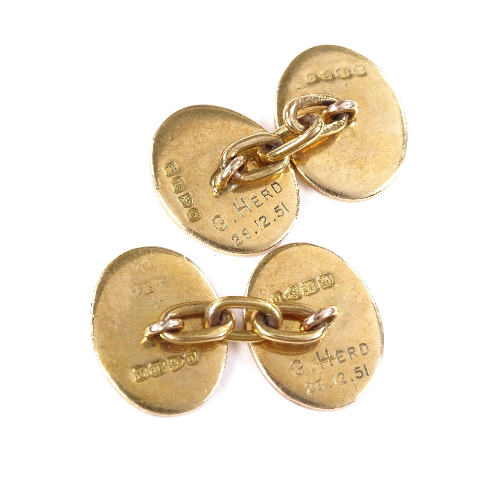 A pair of Victorian 18ct gold oval panel cufflinks, half-engraved floral decoration, indistinct - Image 3 of 4
