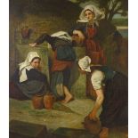 19th century oil on canvas, women at the well, unsigned, 24" x 20", original frame All in very