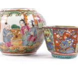 A Chinese famille rose porcelain pot, with painted enamel birds and butterflies, height 6cm, and a