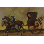 19th century oil on board, horsedrawn carriage, unsigned, 23" x 34", framed Several minor surface