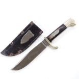 A horn-handled bowie knife "The Bushman's Friend", leather sheath, overall length 23cm