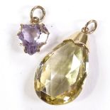 An unmarked gold heart-shaped amethyst pendant, and a teardrop-shaped citrine pendant, largest