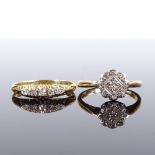 2 18ct gold diamond dress rings, half-hoop ring size N, flowerhead ring size L, 4.9g total (2)