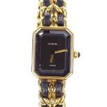 CHANEL - a lady's gold plated and leather Premiere quartz wristwatch, ref. 4 83 01 1002, octagonal