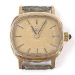 OMEGA - a lady's Vintage 9ct gold mechanical wristwatch head, ref. 1061, champagne dial with gilt