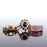 3 9ct gold stone set rings, all size P, 8.3g total (3) All rings in good overall condition, only