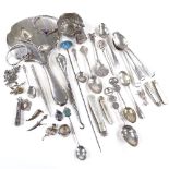 Various silver, including enamel hat pin, baby's bunny rattle, Chinese character mark spoons, hand