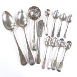 Various silver flatware, including Georgian serving spoons, sugar sifter spoon, etc, 10.5oz total
