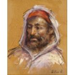 Mixed media on board, portrait of an Arab man, indistinctly signed Arturi A, 16" x 12", framed