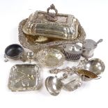 Various silver and plate, including silver pin trays and cruets, and plated tureen Lot sold as